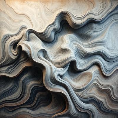 The primary subject of the image is a large, intricate, and textured piece of artwork. The setting is a wall, and the visual style appears to be a combination of digital art and illustration. The colors and mood of the artwork are predominantly dark and moody, with a focus on the contrast between the artwork and the wall.